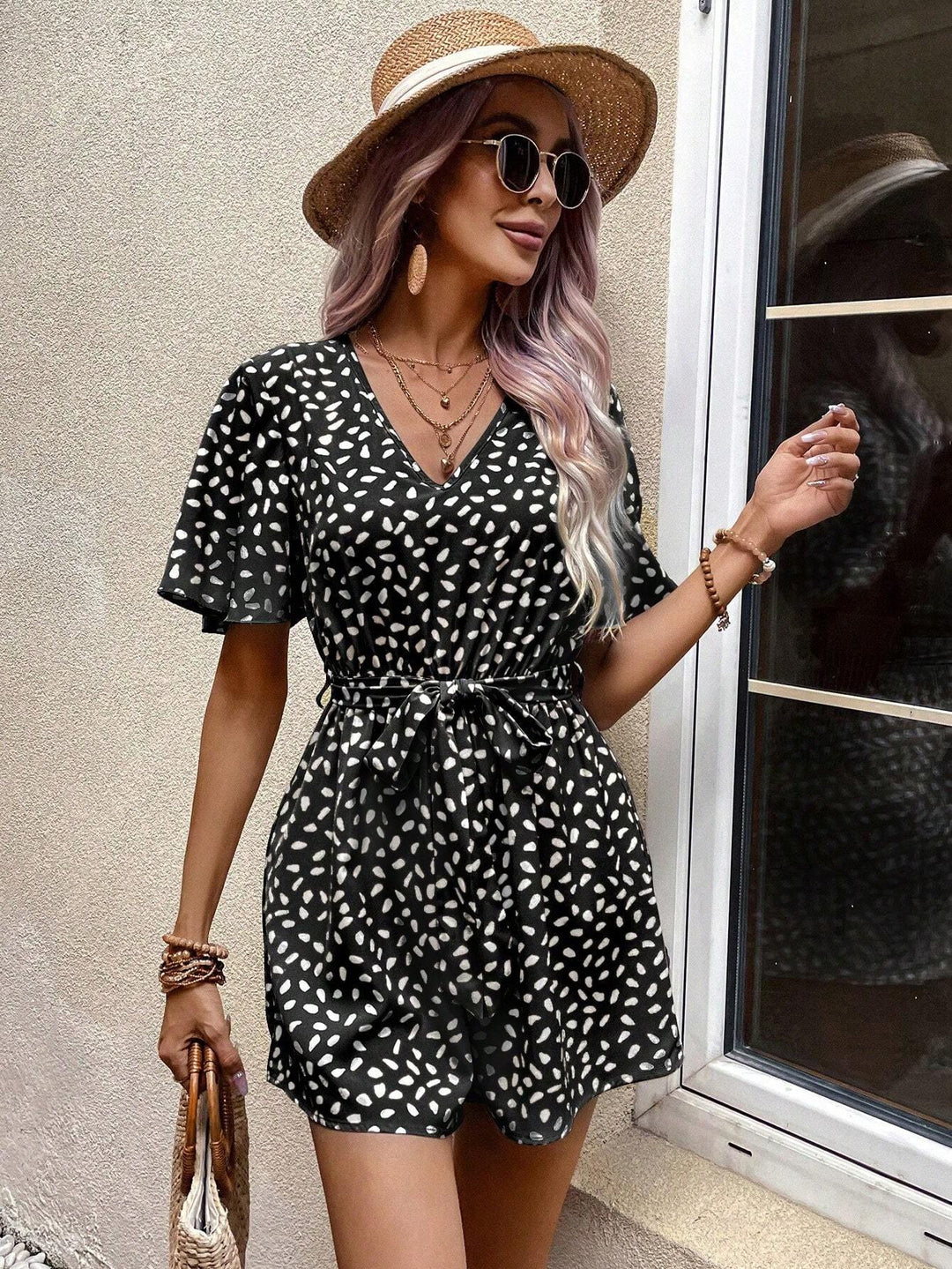 Allover Print Butterfly Sleeve Belted Romper