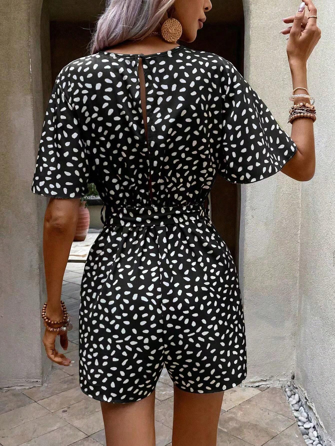 Allover Print Butterfly Sleeve Belted Romper