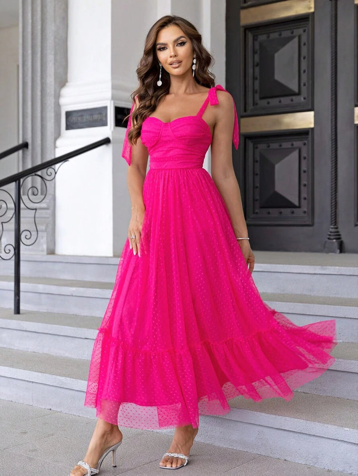 Barbie Tie Ruffle Hem Mesh Overlay Cami Dress