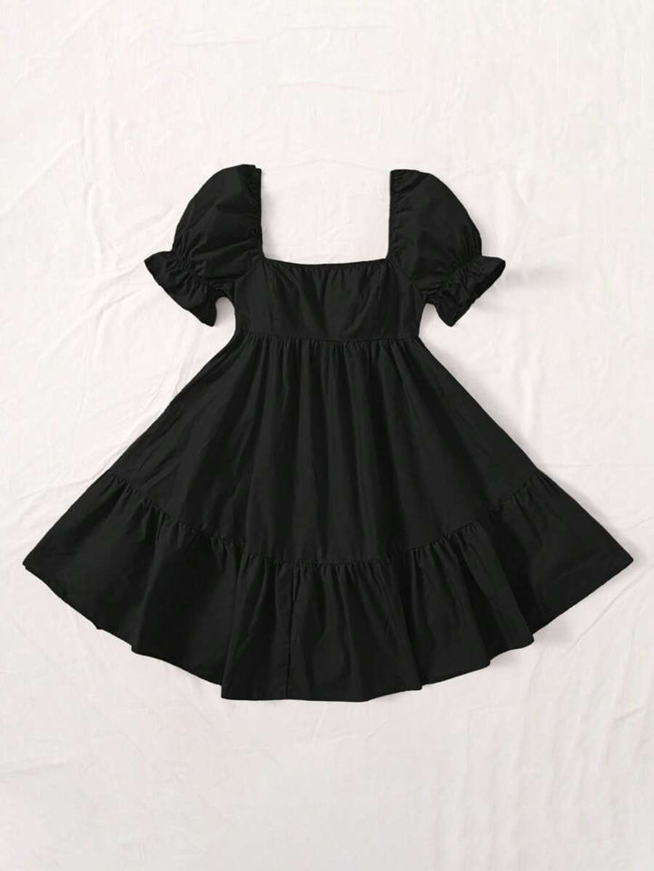 Barbie Square Puff Sleeve Ruffle Hem Dress