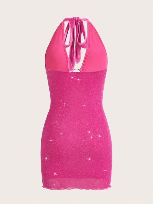 Barbie Cut Out Tie Backless Lettuce Trim Glitter Bodycon Dress