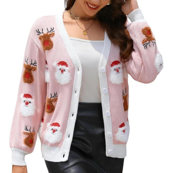 Festive Button Up Knitted Sweater With Christmas Theme