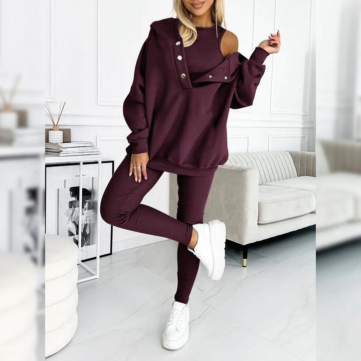 Casual Snap Buttoned Hoodie And Legging Three Piece Set