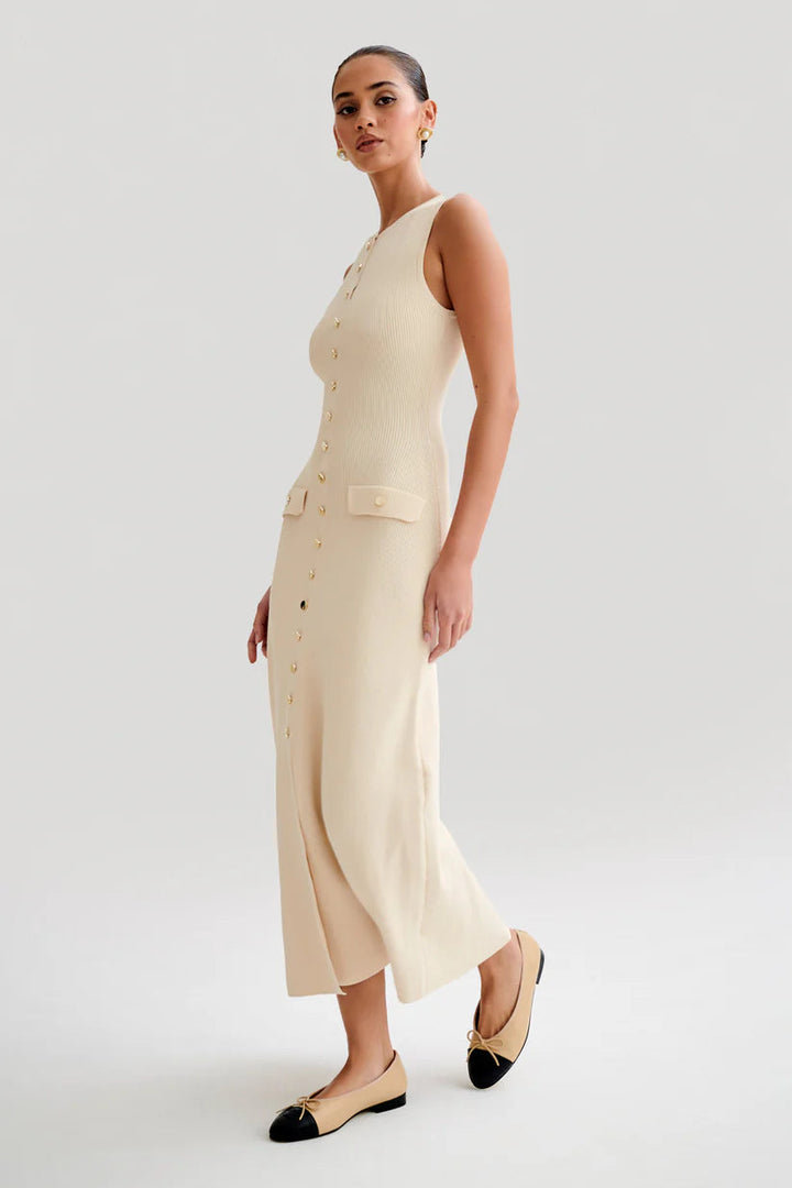 Sleeveless Ribbed Maxi Dress With Button Detailing