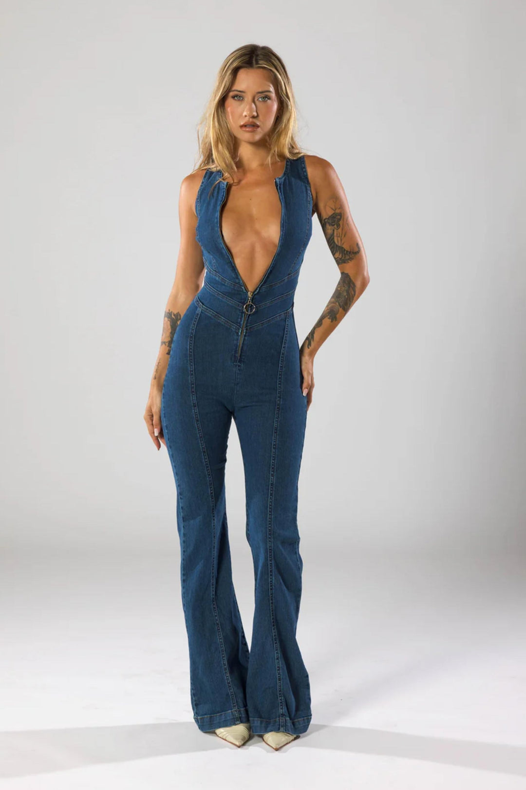 Cordate Designed Back Flared Denim Jumpsuit