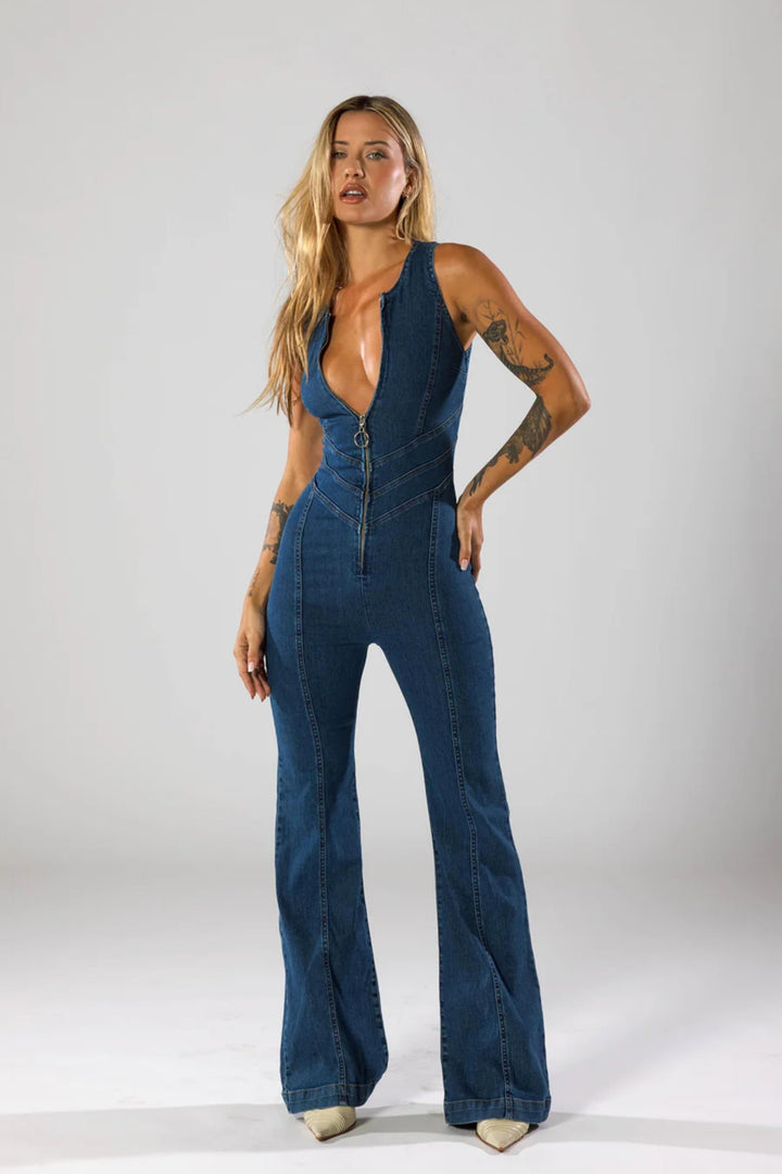 Cordate Designed Back Flared Denim Jumpsuit