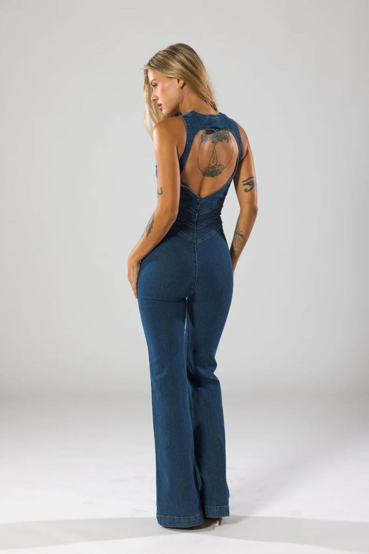 Cordate Designed Back Flared Denim Jumpsuit