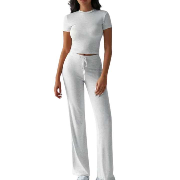 Two Piece Lounge Set With Short Sleeve Top And Adjustable Pants