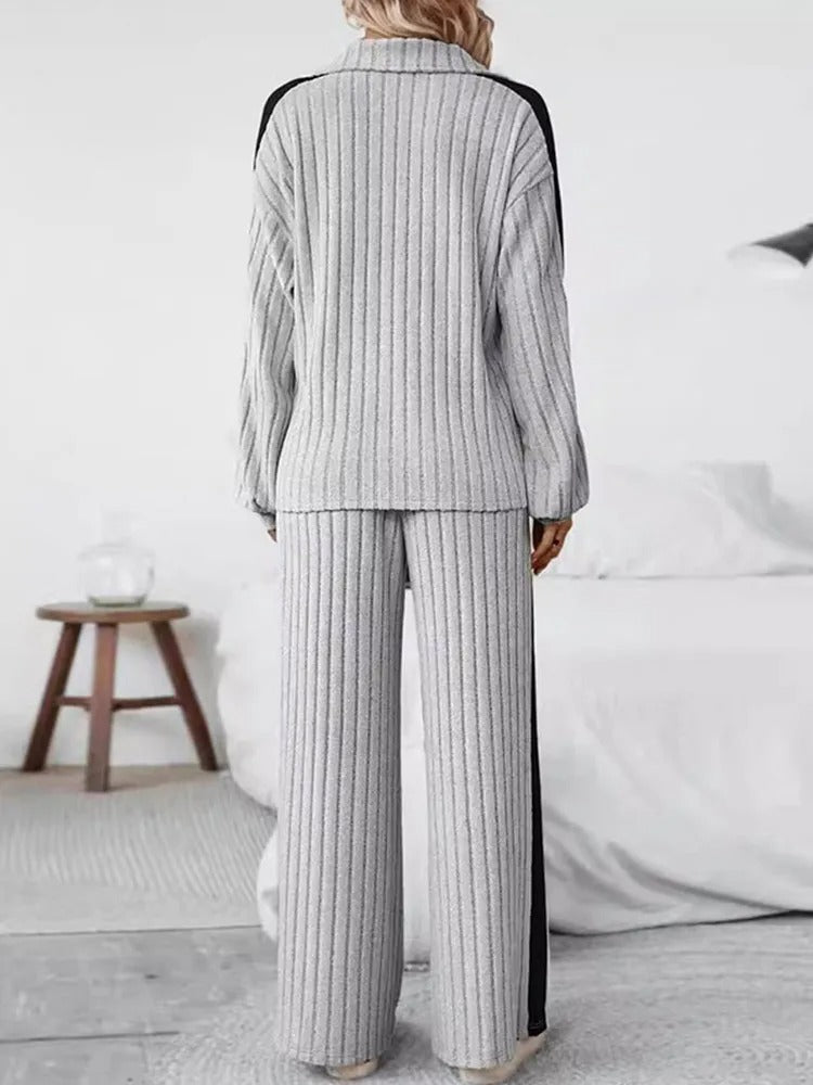 Knitted Loose Fit Striped Patterned Tops And Pants Set