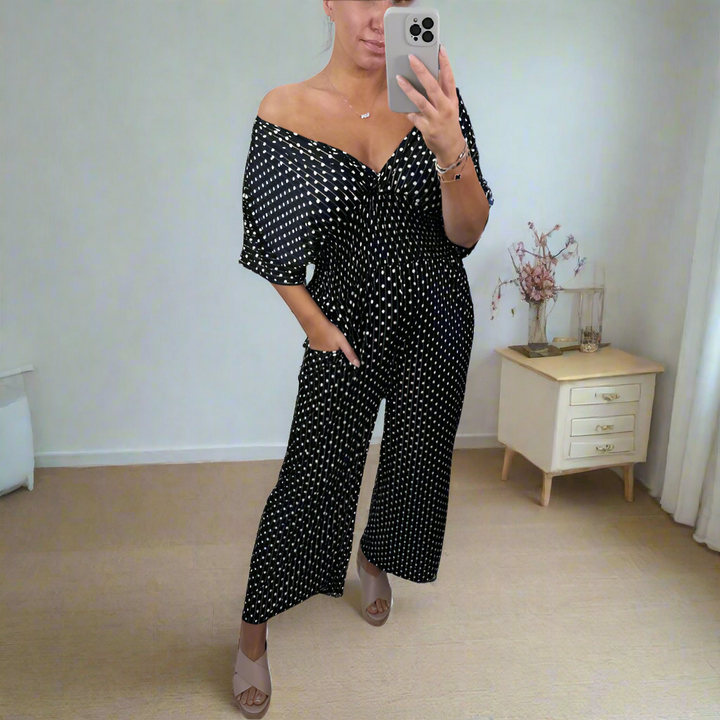 Polka Dot Printed Elastic Fit Jumpsuit