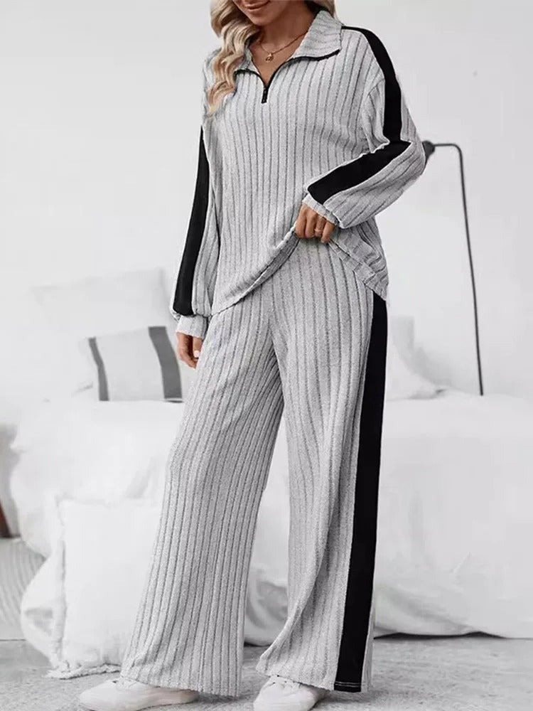 Knitted Loose Fit Striped Patterned Tops And Pants Set