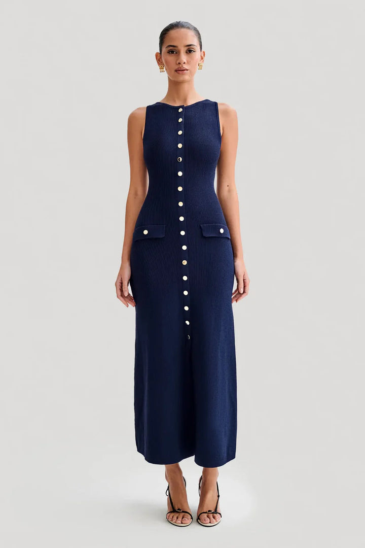 Sleeveless Ribbed Maxi Dress With Button Detailing