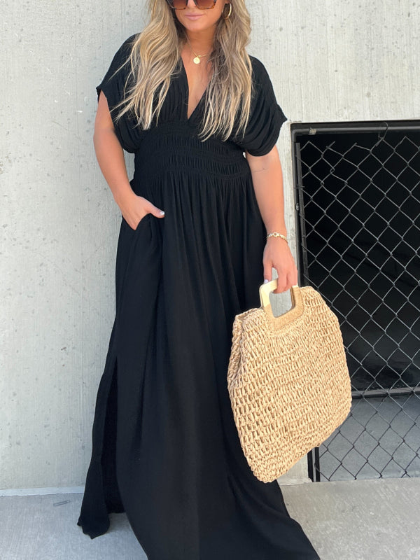 Slit V Neck Effortless Maxi Long Dress