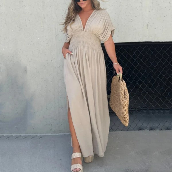 Slit V Neck Effortless Maxi Long Dress