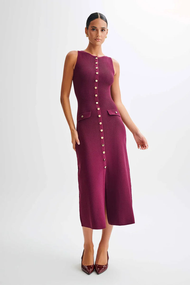 Sleeveless Ribbed Maxi Dress With Button Detailing