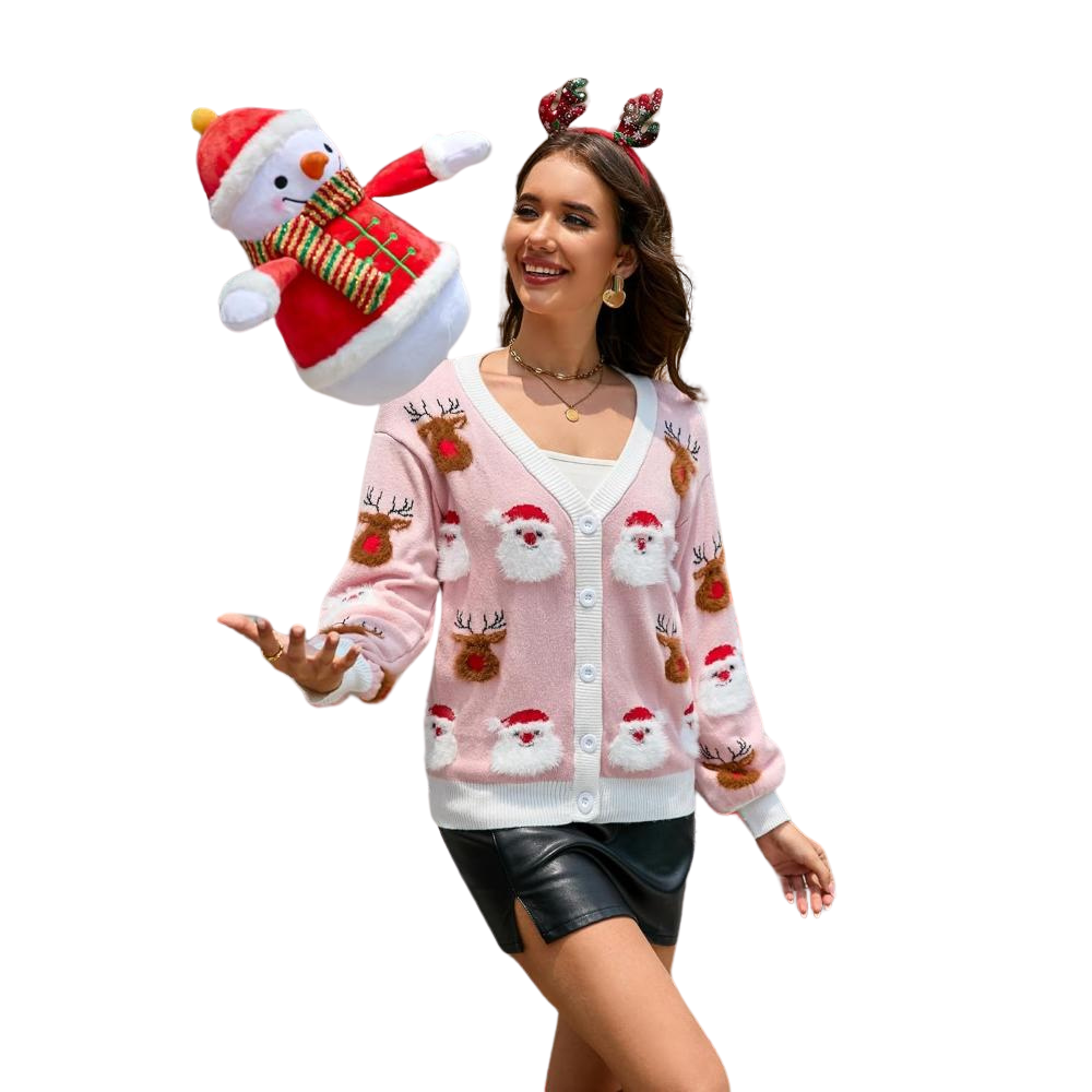 Festive Button Up Knitted Sweater With Christmas Theme