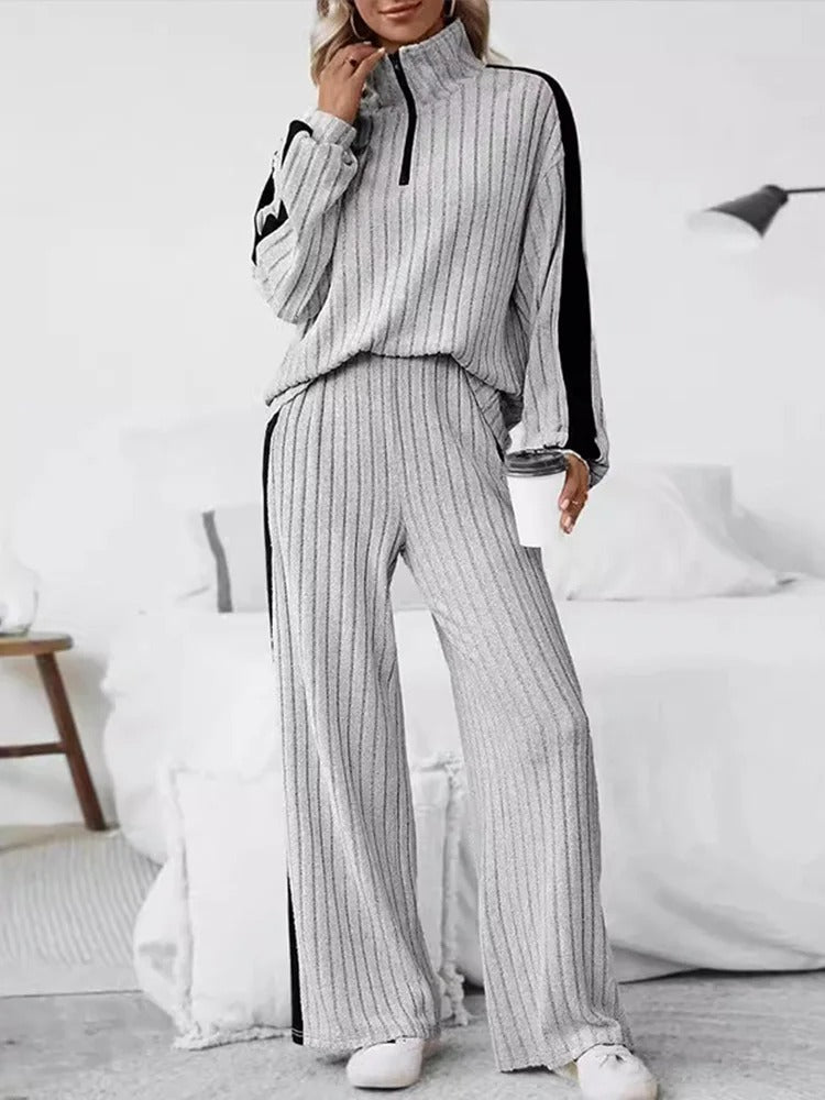 Knitted Loose Fit Striped Patterned Tops And Pants Set