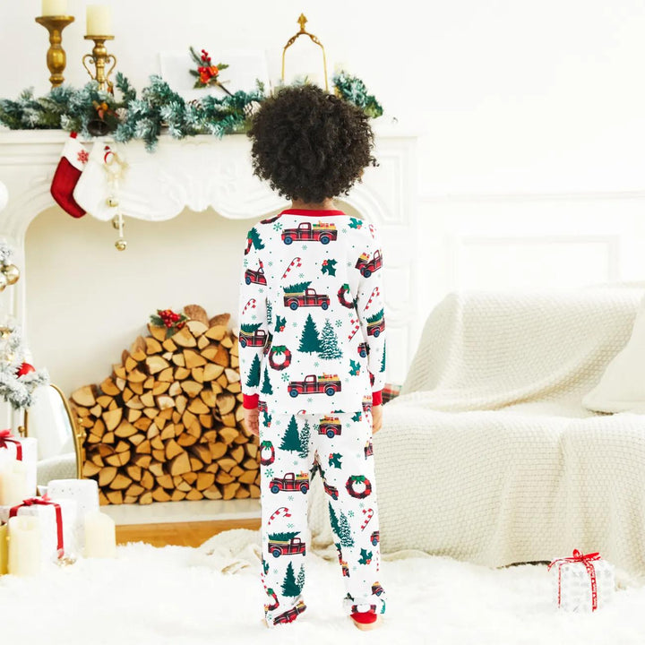 Matching Christmas Tree And Car Print Long Sleeved Pajama Set