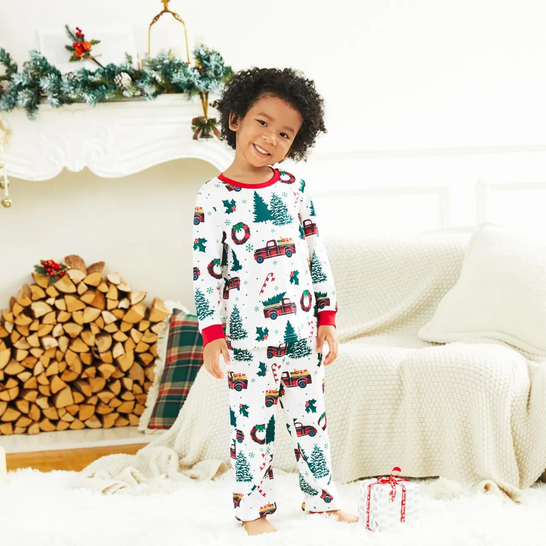 Matching Christmas Tree And Car Print Long Sleeved Pajama Set