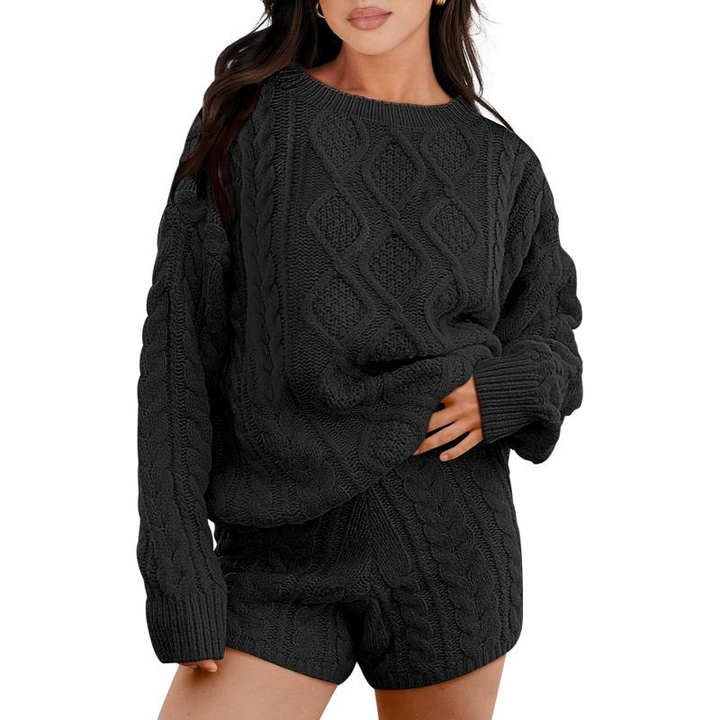 2 Piece Casual Cable Knit Sweater And Shorts Set