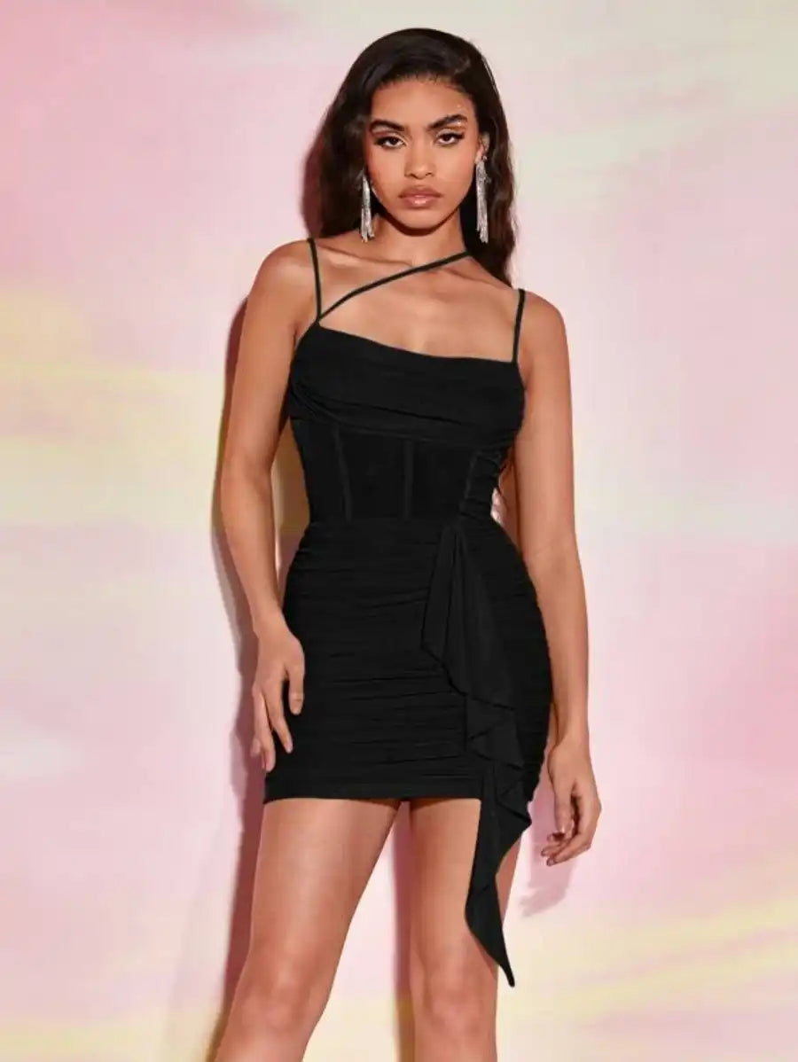 Barbie Asymmetrical Ruched Ruffle Trim Draped Bodycon Dress