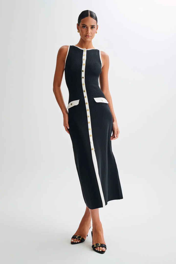 Sleeveless Ribbed Maxi Dress With Button Detailing