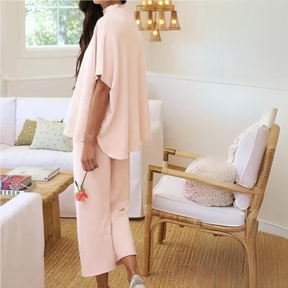 Batwing Sleeve And Wide Length Trousers Set