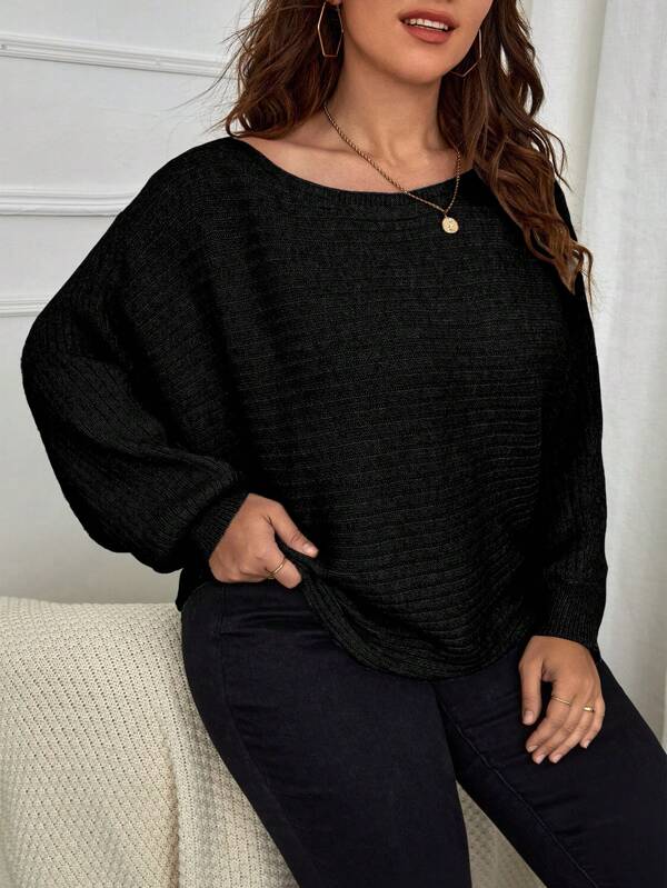 Batwing Sleeve Ribbed Knit Sweater