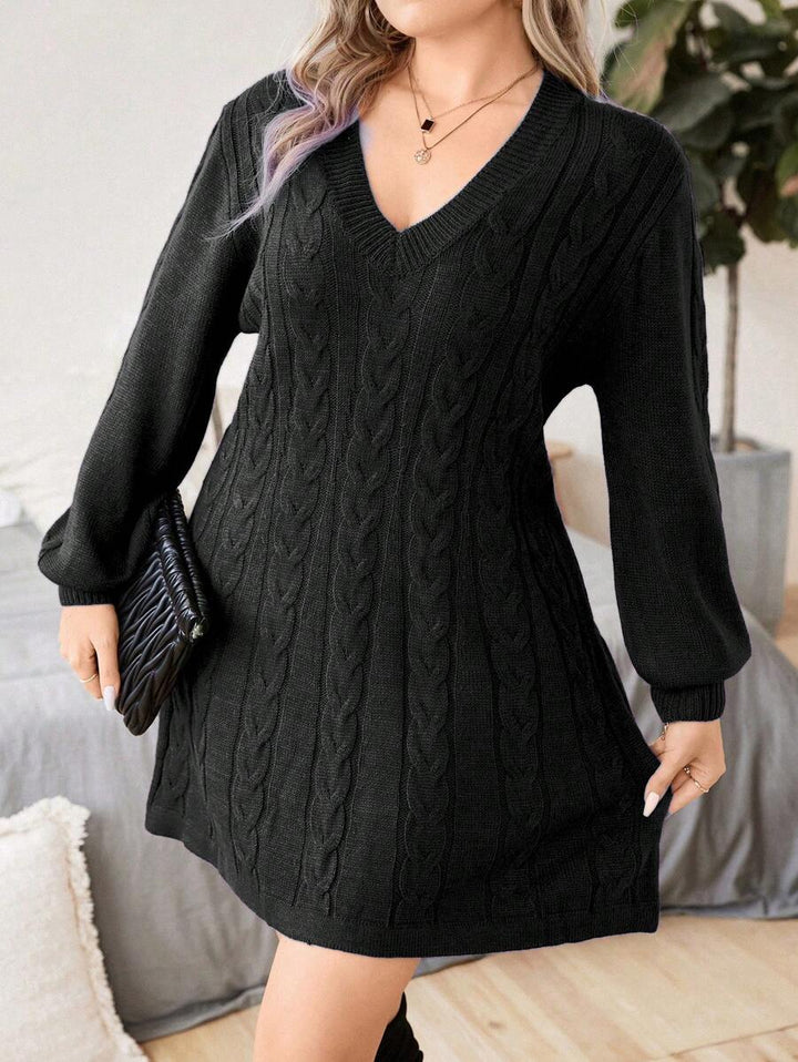 Cable Knit Lantern Sleeve Sweater Dress