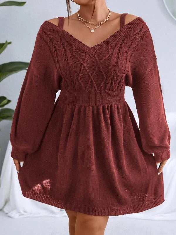Cable Knit Plain Design Sweater Dress