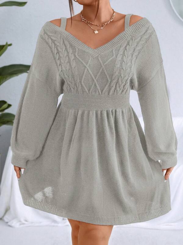 Cable Knit Plain Design Sweater Dress