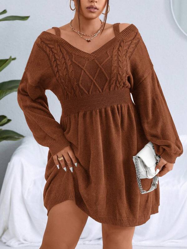 Cable Knit Plain Design Sweater Dress