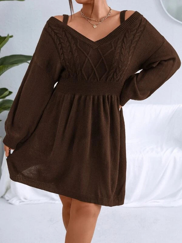 Cable Knit Plain Design Sweater Dress