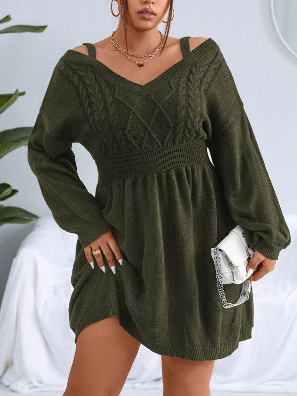 Cable Knit Plain Design Sweater Dress