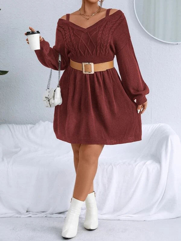 Cable Knit Plain Design Sweater Dress