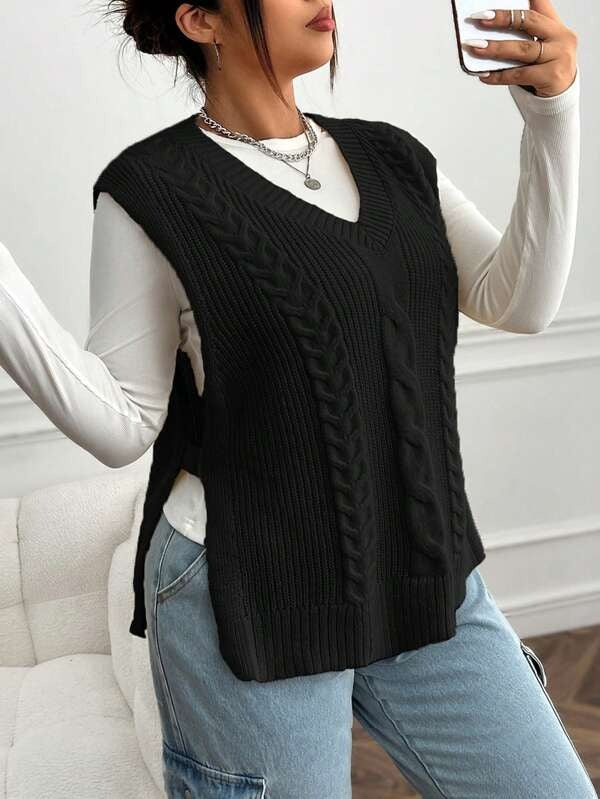 Cable Knit Split Hem Sweater Vest