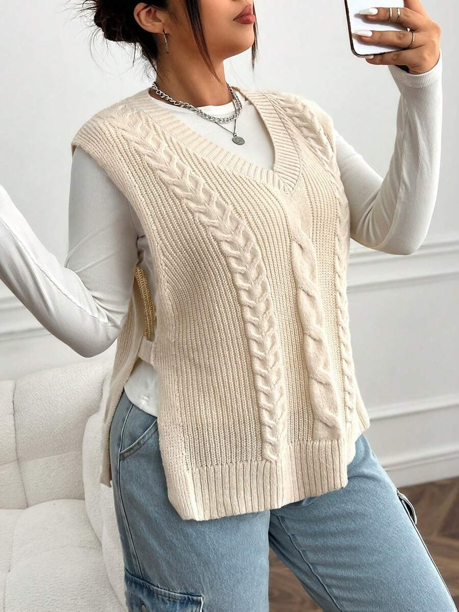 Cable Knit Split Hem Sweater Vest