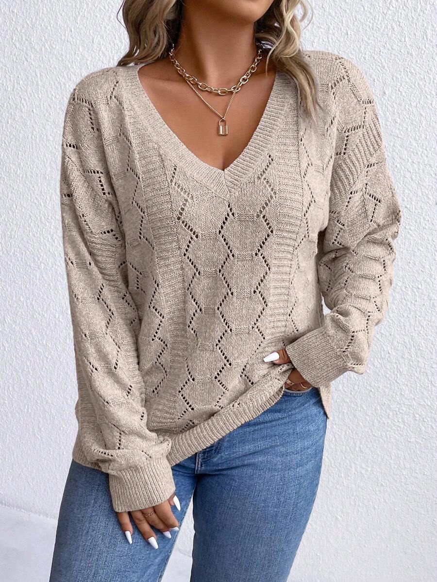 Casual Pointelle Knit Long Sleeve Sweater