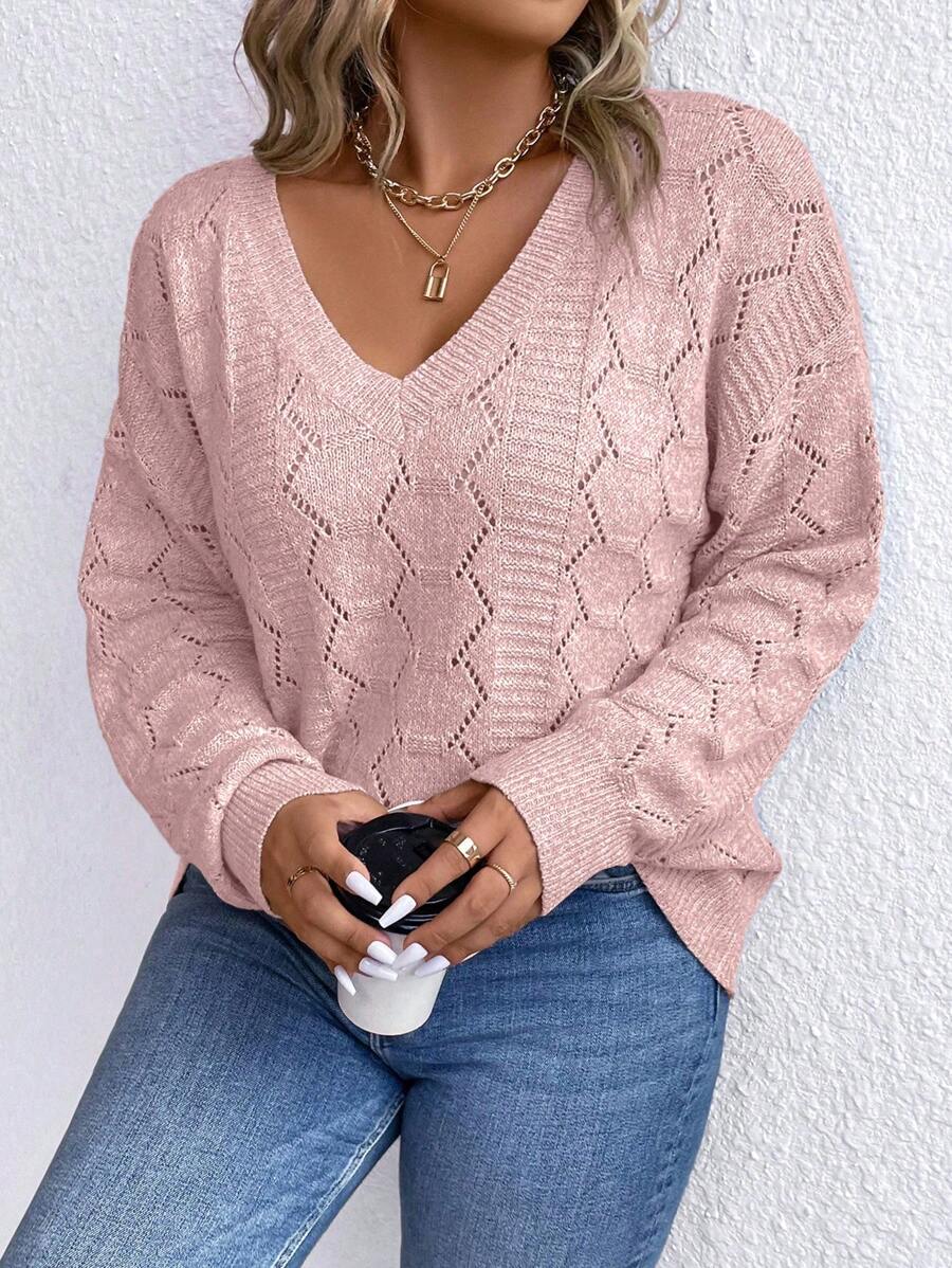 Casual Pointelle Knit Long Sleeve Sweater