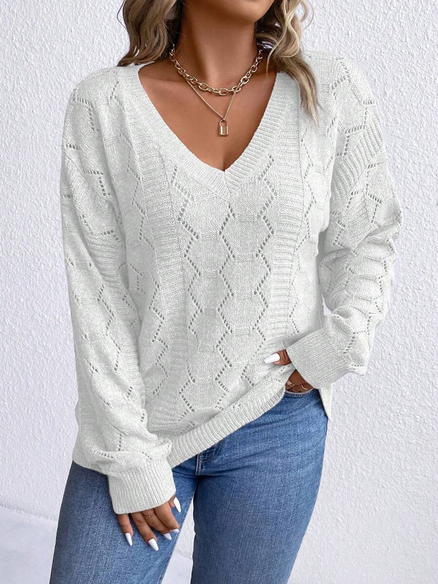 Casual Pointelle Knit Long Sleeve Sweater