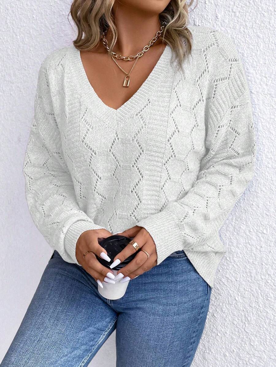 Casual Pointelle Knit Long Sleeve Sweater