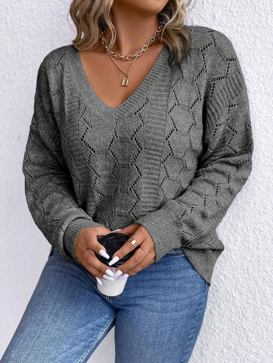 Casual Pointelle Knit Long Sleeve Sweater