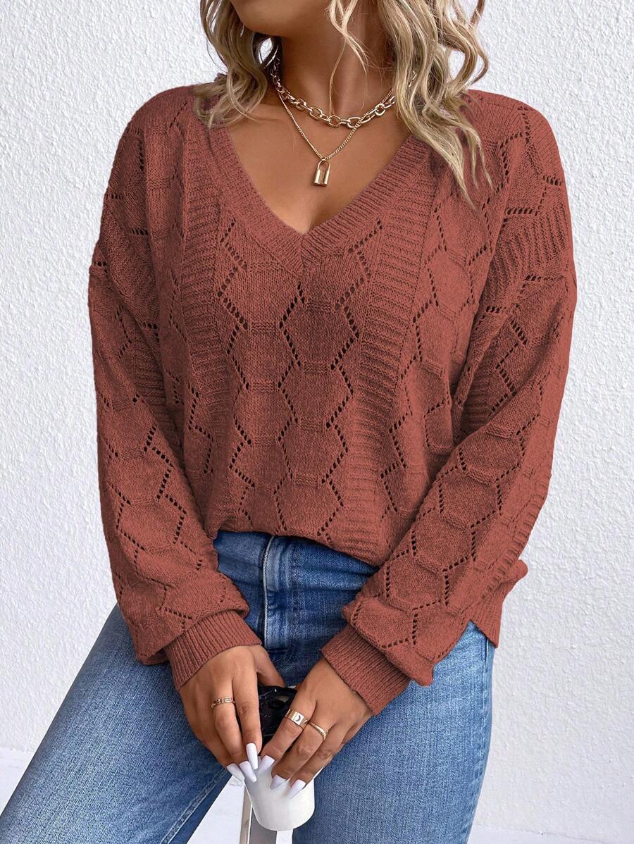 Casual Pointelle Knit Long Sleeve Sweater