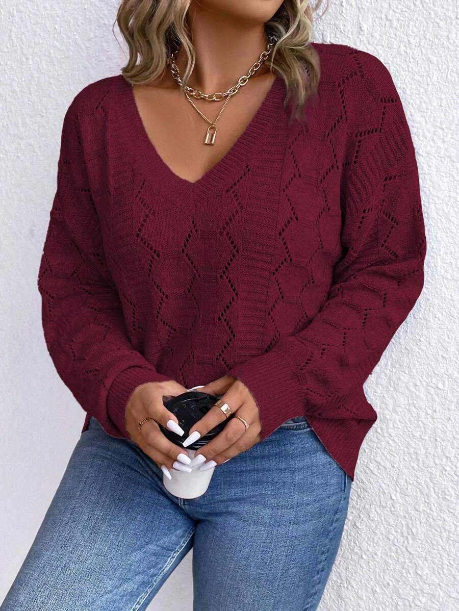 Casual Pointelle Knit Long Sleeve Sweater