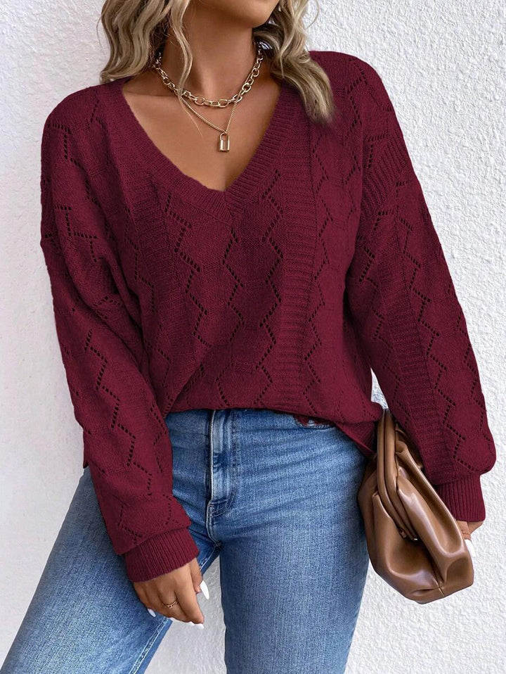 Casual Pointelle Knit Long Sleeve Sweater