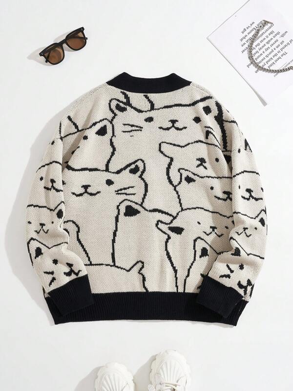 Cat Pattern Contrast Trim Cardigan