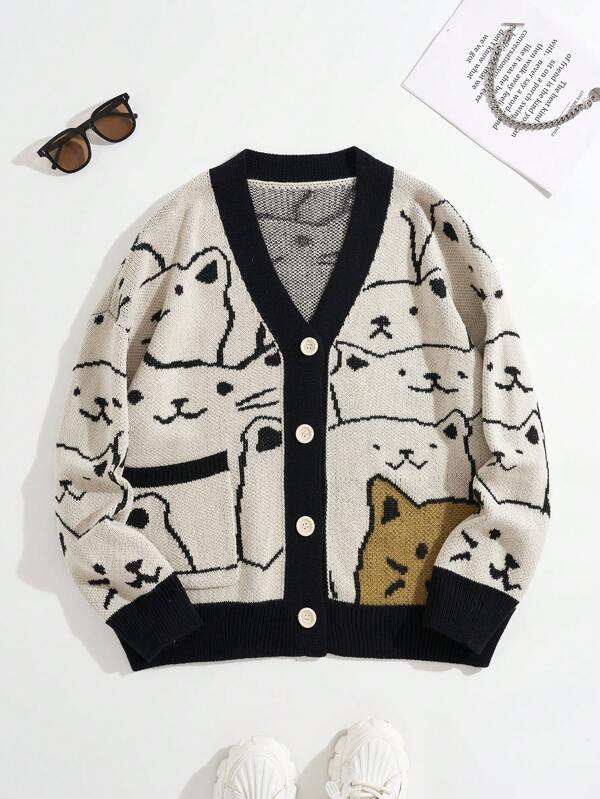 Cat Pattern Contrast Trim Cardigan