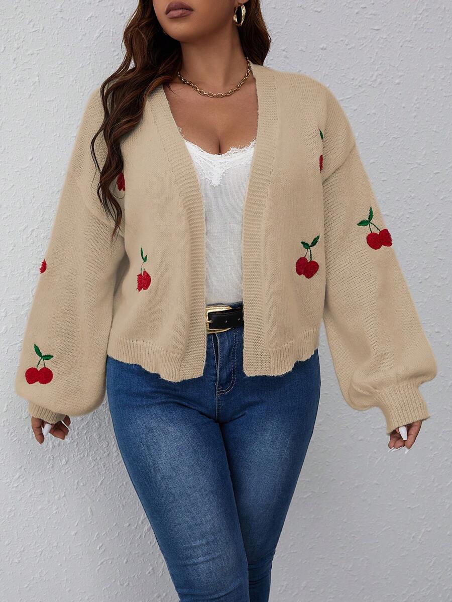 Cherry Pattern Balloon Sleeve Duster Cardigan