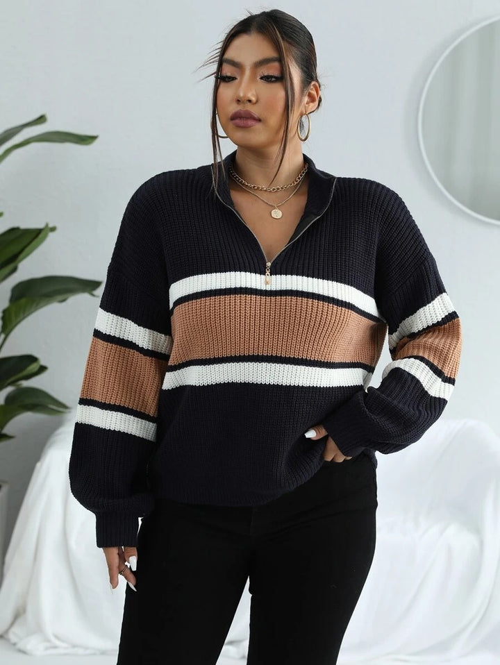 Colorblock Half Zip Drop Shoulder Sweater