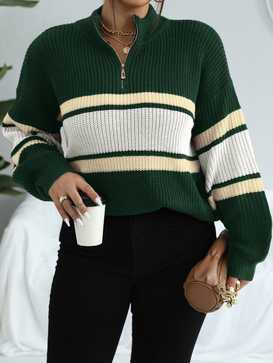 Colorblock Half Zip Drop Shoulder Sweater